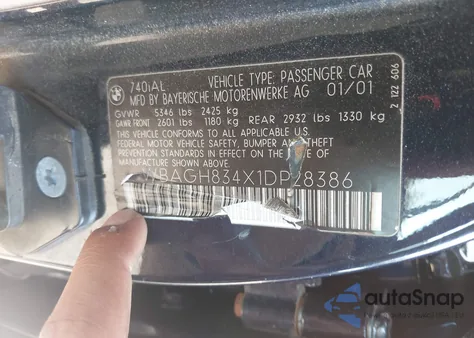 2001 BMW 740Il Il from USA, damaged, VIN WBAGH834X1DP28386